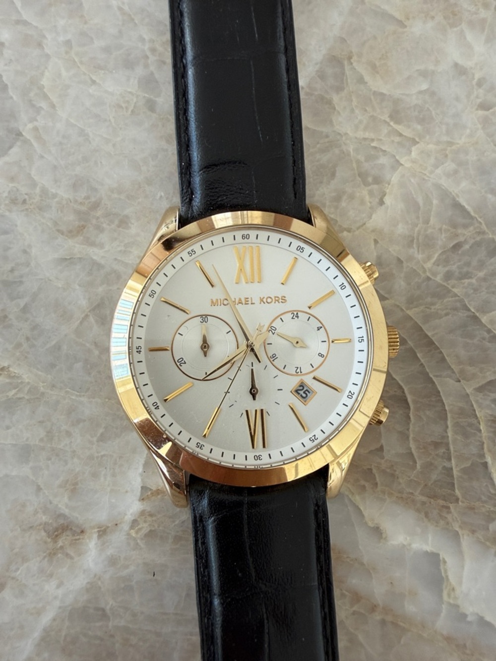 Men’s Michael Kors Gold-Tone Chronograph Watch with Black Leather Strap